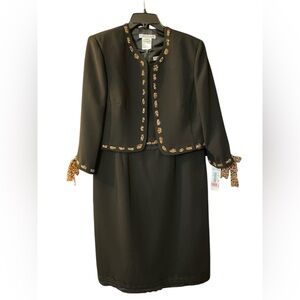 Plaza South, black dress with coat. Leopard print accents.